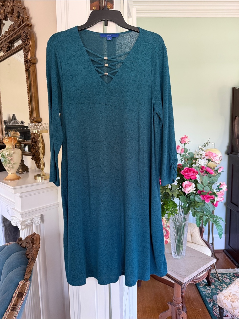 Apt. 9 Teal V-Neck Long Sleeve Dress with Lattice Accent, size XL